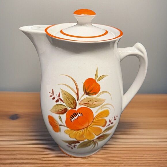 Unbranded Other - RareMCM White ceramic Lidded Pitcher Orange Flower 9.75” Tall Coffee Water Tea